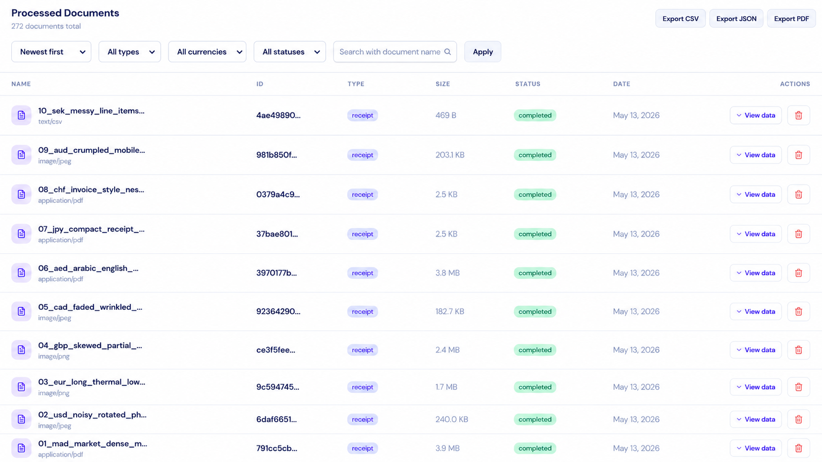 DocuParse documents list showing 50 completed extractions