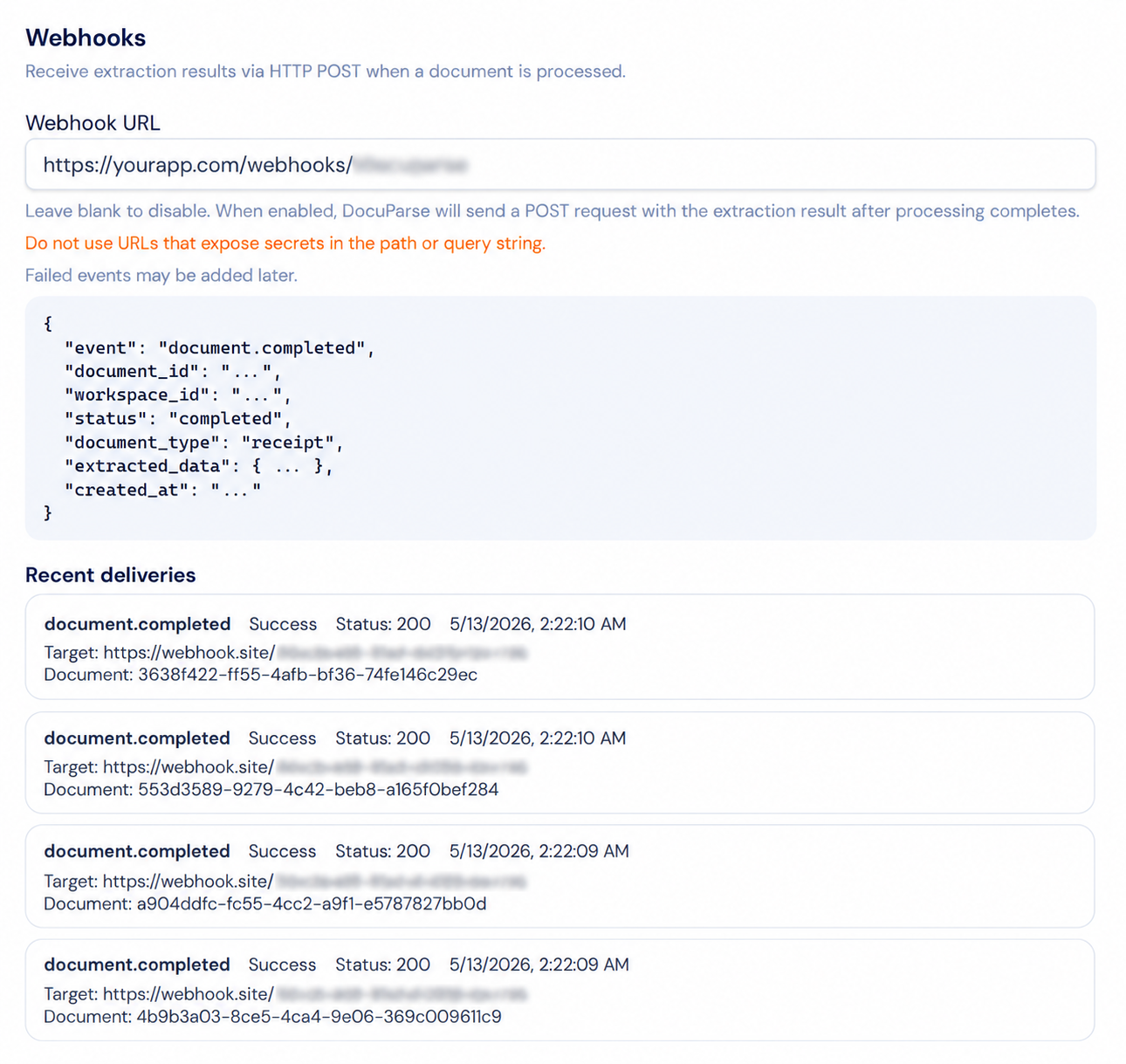 DocuParse webhook delivery log showing live document.completed events